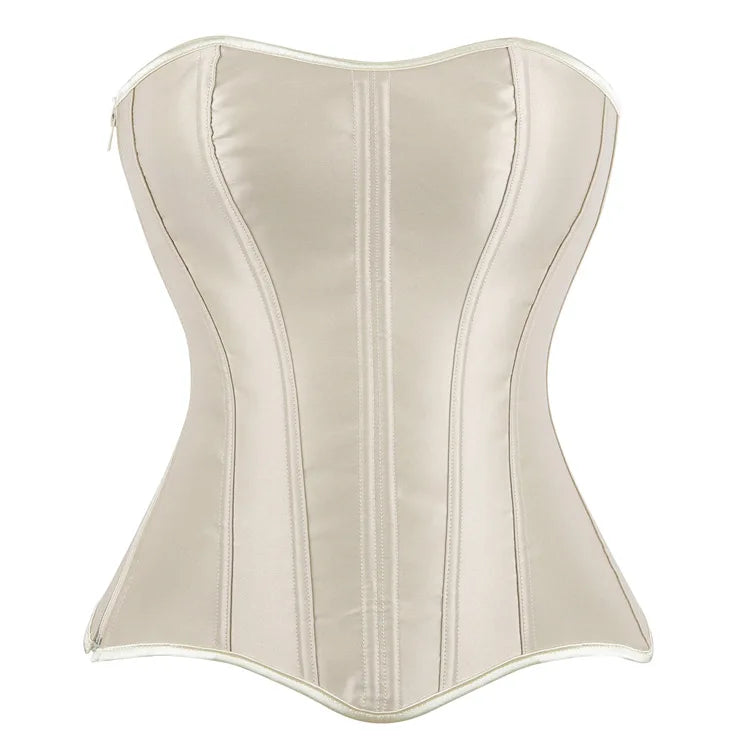 Gothic Black Satin Overbust Corset Top for Women Sexy Lace-Up Side Zipper Waist Bustiers Body Shaper Lingerie