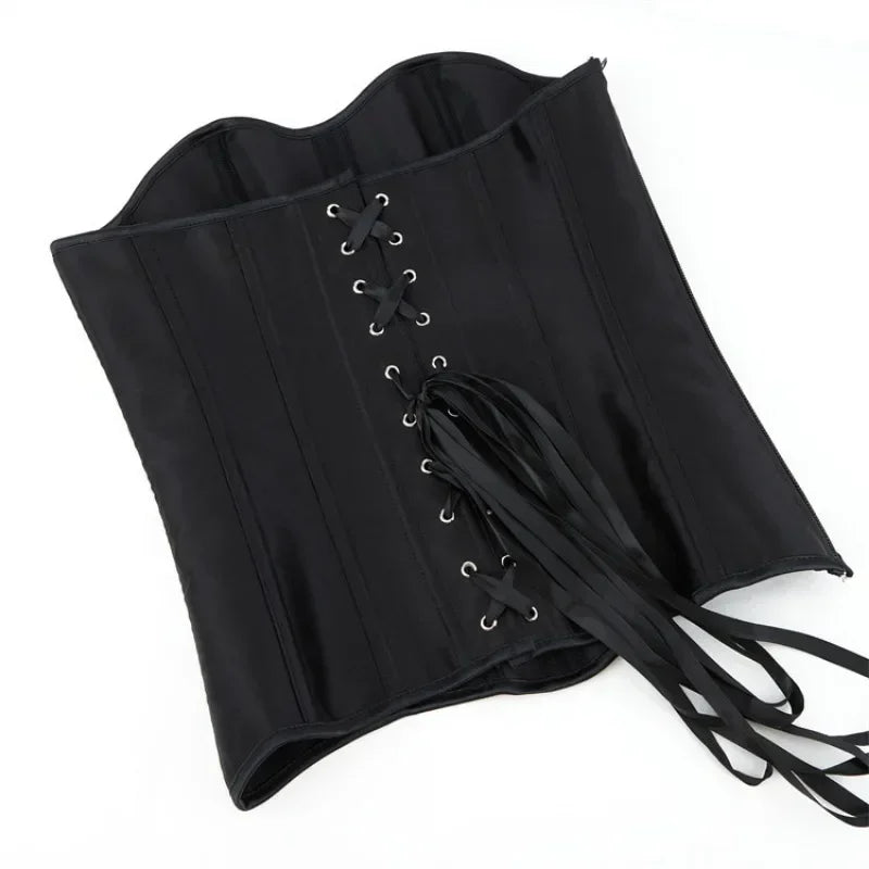Gothic Black Satin Overbust Corset Top for Women Sexy Lace-Up Side Zipper Waist Bustiers Body Shaper Lingerie