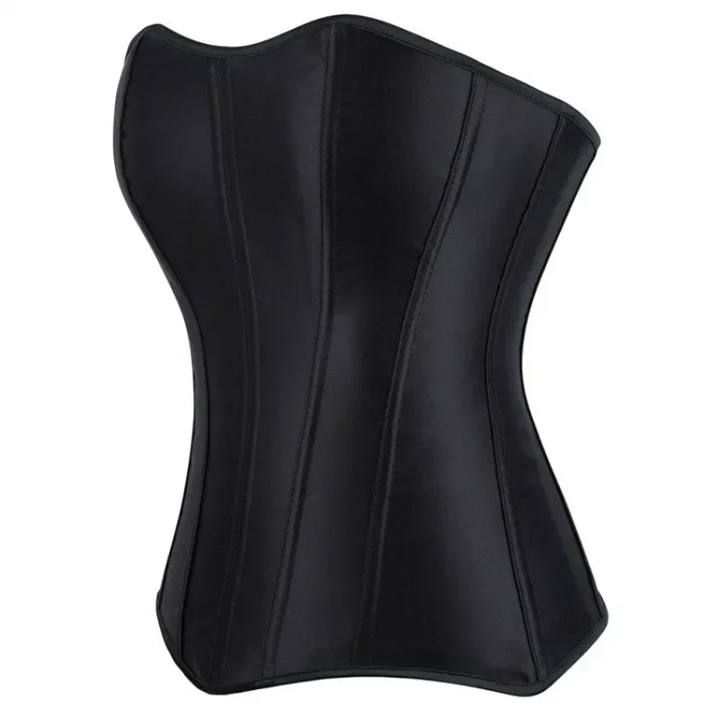 Gothic Black Satin Overbust Corset Top for Women Sexy Lace-Up Side Zipper Waist Bustiers Body Shaper Lingerie