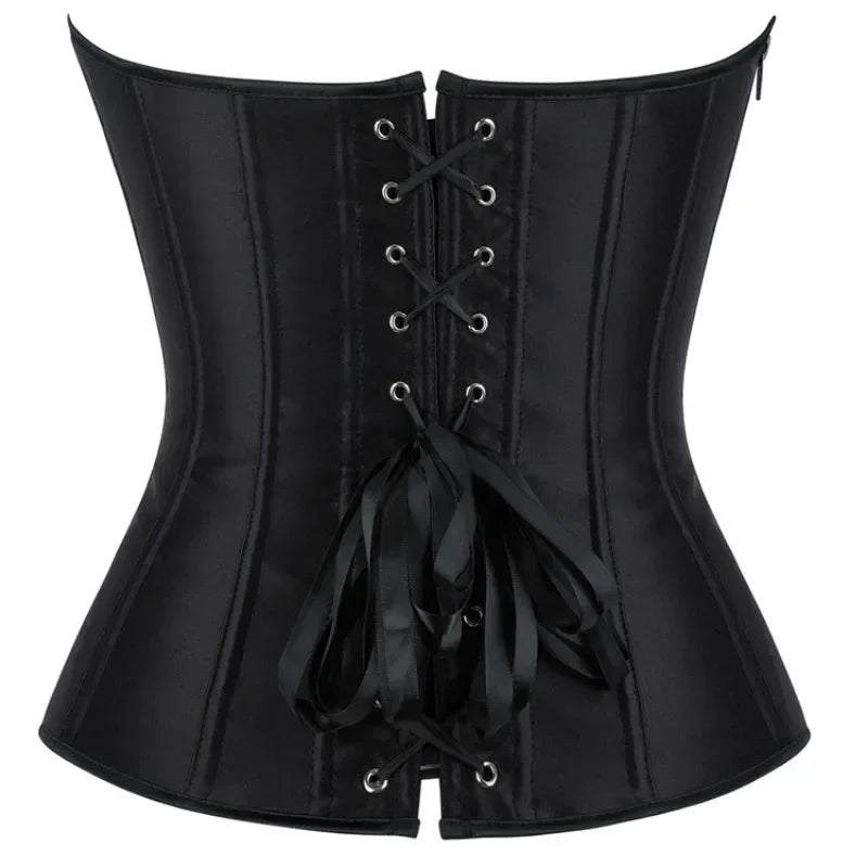 Gothic Black Satin Overbust Corset Top for Women Sexy Lace-Up Side Zipper Waist Bustiers Body Shaper Lingerie
