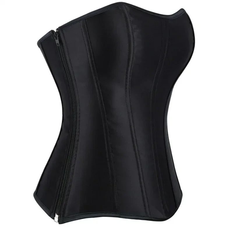 Gothic Black Satin Overbust Corset Top for Women Sexy Lace-Up Side Zipper Waist Bustiers Body Shaper Lingerie